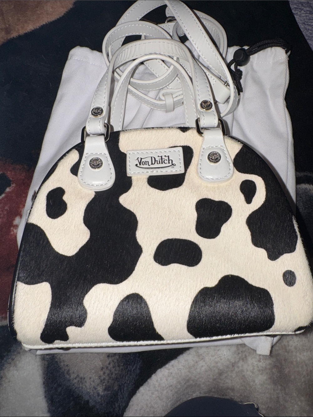 Von Dutch Black and White Cowhide Mini Satchel